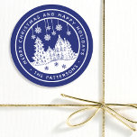 Merry Christmas Happy Holidays Winter Personalized Classic Round Sticker<br><div class="desc">Merry Christmas Happy Holidays Winter Personalized Name Stickers Labels features the text "Merry Christmas and Happy Holidays" in modern white script on a blue background and personalized with your name surrounding a home with Christmas trees and snowflakes. Perfect for Christmas party favours and Holiday gifts or in the office for...</div>