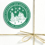 Merry Christmas Happy Holidays Winter Personalized Classic Round Sticker<br><div class="desc">Merry Christmas Happy Holidays Winter Personalized Name Stickers Labels features the text "Merry Christmas and Happy Holidays" in modern white script on a green background and personalized with your name surrounding a home with Christmas trees and snowflakes. Perfect for Christmas party favours and Holiday gifts or in the office for...</div>