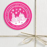 Merry Christmas Happy Holidays Winter Personalized Classic Round Sticker<br><div class="desc">Merry Christmas Happy Holidays Winter Personalized Name Stickers Labels features the text "Merry Christmas and Happy Holidays" in modern white script on a pink background and personalized with your name surrounding a home with Christmas trees and snowflakes. Perfect for Christmas party favours and Holiday gifts or in the office for...</div>