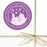 Merry Christmas Happy Holidays Winter Personalized Classic Round Sticker<br><div class="desc">Merry Christmas Happy Holidays Winter Personalized Name Stickers Labels features the text "Merry Christmas and Happy Holidays" in modern white script on a purple background and personalized with your name surrounding a home with Christmas trees and snowflakes. Perfect for Christmas party favours and Holiday gifts or in the office for...</div>