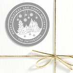 Merry Christmas Happy Holidays Winter Personalized Classic Round Sticker<br><div class="desc">Merry Christmas Happy Holidays Winter Personalized Name Stickers Labels features the text "Merry Christmas and Happy Holidays" in modern white script on a silver background and personalized with your name surrounding a home with Christmas trees and snowflakes. Perfect for Christmas party favours and Holiday gifts or in the office for...</div>
