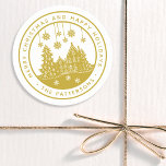 Merry Christmas Happy Holidays Winter Personalized Classic Round Sticker<br><div class="desc">Merry Christmas Happy Holidays Winter Personalized Name Stickers Labels features the text "Merry Christmas and Happy Holidays" in modern gold script and personalized with your name surrounding a home with Christmas trees and snowflakes. Perfect for Christmas party favours and Holiday gifts or in the office for products or mail. Designed...</div>
