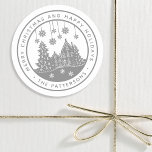 Merry Christmas Happy Holidays Winter Personalized Classic Round Sticker<br><div class="desc">Merry Christmas Happy Holidays Winter Personalized Name Stickers Labels features the text "Merry Christmas and Happy Holidays" in modern silver script and personalized with your name surrounding a home with Christmas trees and snowflakes. Perfect for Christmas party favours and Holiday gifts or in the office for products or mail. Designed...</div>