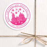 Merry Christmas Happy Holidays Winter Personalized Classic Round Sticker<br><div class="desc">Merry Christmas Happy Holidays Winter Personalized Name Stickers Labels features the text "Merry Christmas and Happy Holidays" in modern pink script and personalized with your name surrounding a home with Christmas trees and snowflakes. Perfect for Christmas party favours and Holiday gifts or in the office for products or mail. Designed...</div>
