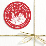 Merry Christmas Happy Holidays Winter Personalized Classic Round Sticker<br><div class="desc">Merry Christmas Happy Holidays Winter Personalized Name Stickers Labels features the text "Merry Christmas and Happy Holidays" in modern white script on a red background and personalized with your name surrounding a home with Christmas trees and snowflakes. Perfect for Christmas party favours and Holiday gifts or in the office for...</div>