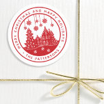 Merry Christmas Happy Holidays Winter Personalized Classic Round Sticker<br><div class="desc">Merry Christmas Happy Holidays Winter Personalized Name Stickers Labels features the text "Merry Christmas and Happy Holidays" in modern red script and personalized with your name surrounding a home with Christmas trees and snowflakes. Perfect for Christmas party favours and Holiday gifts or in the office for products or mail. Designed...</div>