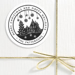 Merry Christmas Happy Holidays Winter Personalized Classic Round Sticker<br><div class="desc">Merry Christmas Happy Holidays Winter Personalized Name Stickers Labels features the text "Merry Christmas and Happy Holidays" in modern black script and personalized with your name surrounding a home with Christmas trees and snowflakes. Perfect for Christmas party favours and Holiday gifts or in the office for products or mail. Designed...</div>