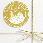 Merry Christmas Happy Holidays Winter Personalized Classic Round Sticker<br><div class="desc">Merry Christmas Happy Holidays Winter Personalized Name Stickers Labels features the text "Merry Christmas and Happy Holidays" in modern white script on a gold background and personalized with your name surrounding a home with Christmas trees and snowflakes. Perfect for Christmas party favours and Holiday gifts or in the office for...</div>