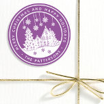 Merry Christmas Happy Holidays Winter Personalized Classic Round Sticker<br><div class="desc">Merry Christmas Happy Holidays Winter Personalized Name Stickers Labels features the text "Merry Christmas and Happy Holidays" in modern white script on a purple background and personalized with your name surrounding a home with Christmas trees and snowflakes. Perfect for Christmas party favours and Holiday gifts or in the office for...</div>