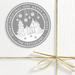 Merry Christmas Happy Holidays Winter Personalized Classic Round Sticker<br><div class="desc">Merry Christmas Happy Holidays Winter Personalized Name Stickers Labels features the text "Merry Christmas and Happy Holidays" in modern white script on a silver background and personalized with your name surrounding a home with Christmas trees and snowflakes. Perfect for Christmas party favours and Holiday gifts or in the office for...</div>