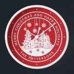Merry Christmas Happy Holidays Winter Personalized Clock<br><div class="desc">Merry Christmas Happy Holidays Winter Personalized Name Clocks features the text "Merry Christmas and Happy Holidays" in modern white script on a red background and personalized with your name surrounding a home with Christmas trees and snowflakes. Perfect for Christmas party favours and Holiday gifts. Designed by ©Evco Studio www.zazzle.com/store/evcostudio</div>