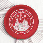 Merry Christmas Happy Holidays Winter Personalized Paper Plate<br><div class="desc">Merry Christmas Happy Holidays Winter Personalized Name Paper Party Plates features the text "Merry Christmas and Happy Holidays" in modern white script on a red background and personalized with your name surrounding a home with Christmas trees and snowflakes. Perfect for Christmas party favours and Holiday gifts or in the office...</div>