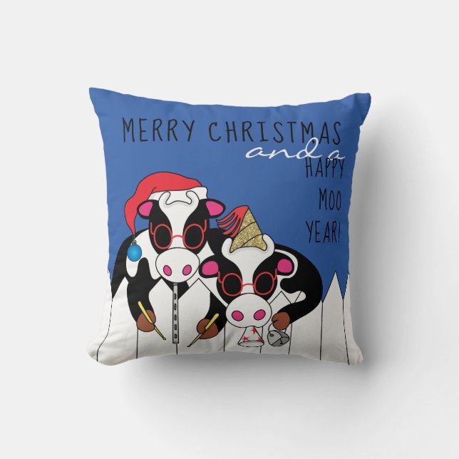 Merry Christmas Happy Moo Year Cow Moosicians Throw Pillow (Front)
