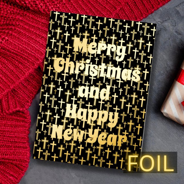 Merry Christmas Happy Near Year cross black & gold Foil Holiday Card (Creator Uploaded)