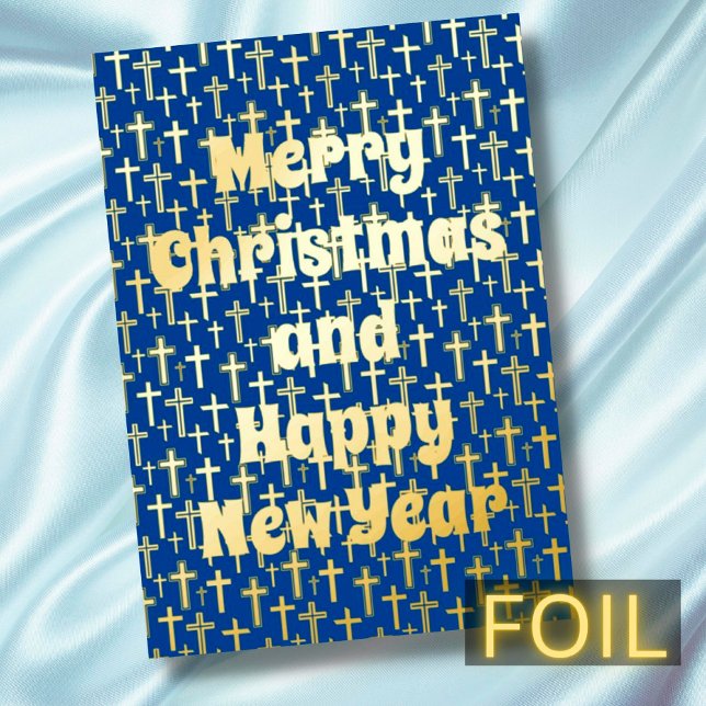 Merry Christmas & Happy Near Year cross navy blue Foil Holiday Card (Creator Uploaded)
