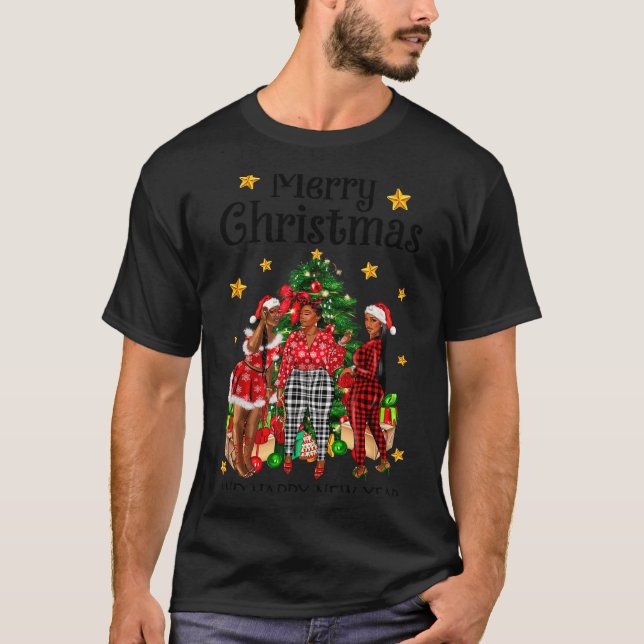 Merry Christmas Happy New Year African American Bl T-Shirt (Front)