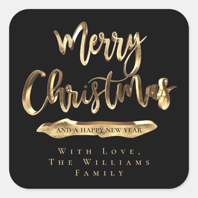 Merry Christmas Happy New Year Black and Gold Square Sticker (Front)