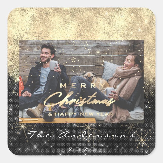 Merry Christmas Happy New Year Black Gold Photo Square Sticker (Front)