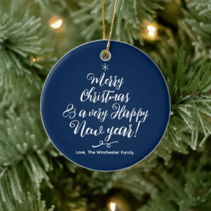 Merry Christmas Happy New Year blue script cute Ceramic Ornament