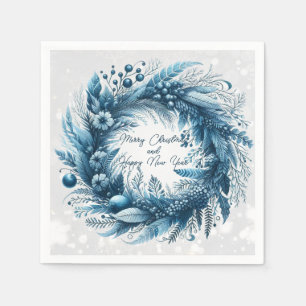 Merry Christmas Happy New Year Blue Wreath Napkin