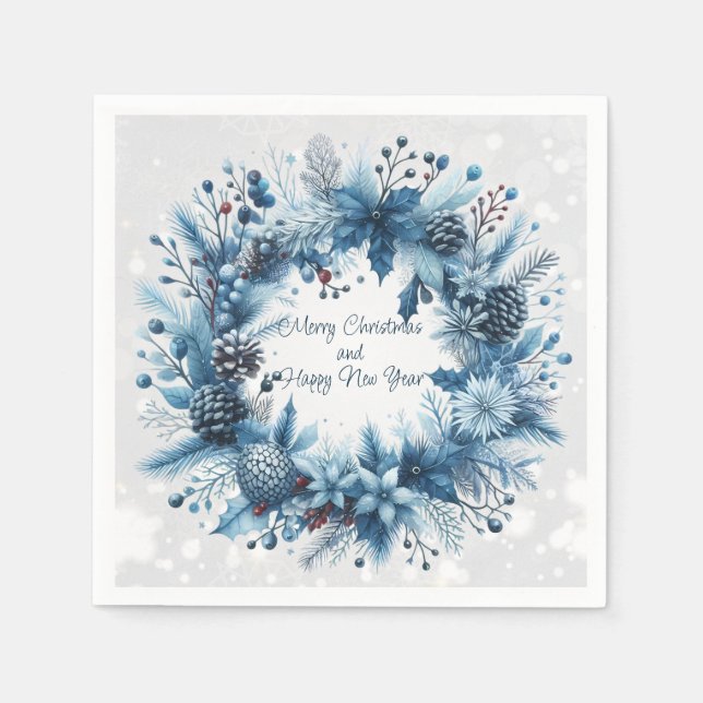 Merry Christmas  Happy New Year Blue Wreath Napkin (Front)