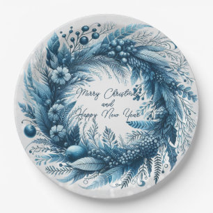 Merry Christmas  Happy New Year Blue Wreath Paper Plate