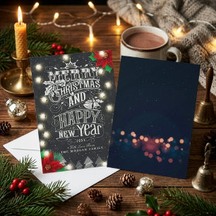 Merry Christmas Happy New Year Bokeh String Lights Holiday Card