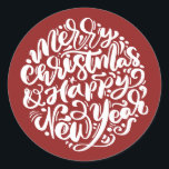 Merry Christmas & Happy New Year Calligraphy Red Classic Round Sticker<br><div class="desc">Merry Christmas and Happy New Year! Send holiday greetings and wishes with this holiday sticker. It features circle modern calligraphy. This whimsical sticker will be a perfect accompaniment for gifts and will also be perfect as an envelope seal for invitations and cards.</div>