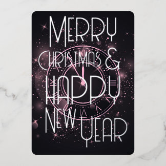 Merry Christmas Happy New Year Clock Foil Holiday Card