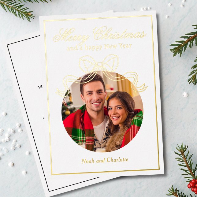 Merry Christmas Happy New Year Coquette Bow Photo Foil Holiday Card (Creator Uploaded)