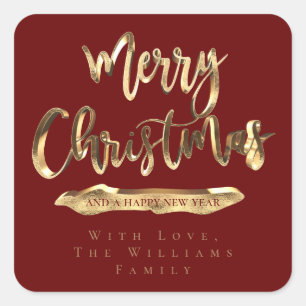 Merry Christmas Happy New Year Elegant Red Gold Square Sticker