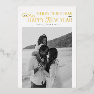 Merry Christmas Happy New Year Family 4 Photos Foil Holiday Card