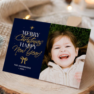 Merry Christmas Happy New Year Family Name & Photo Holiday Card