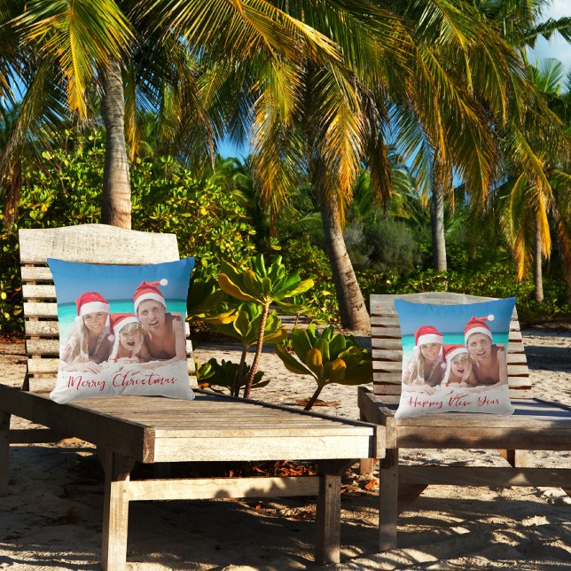 Merry Christmas Happy New Year Family Photo Red Outdoor Pillow (Beach - Front And Back)