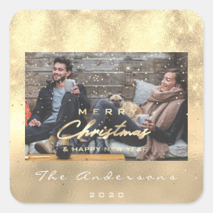 Merry Christmas Happy New Year Faux Gold Photo Square Sticker