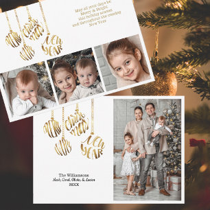 Merry Christmas Happy New Year Four Photo Gold Holiday Card