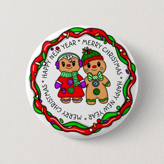 Merry Christmas | Happy New Year | Gingerbread Man 2 Inch Round Button (Front)