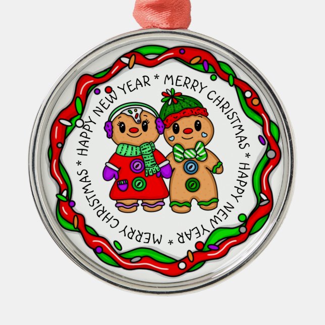 Merry Christmas | Happy New Year | Gingerbread Man Metal Ornament (Front)