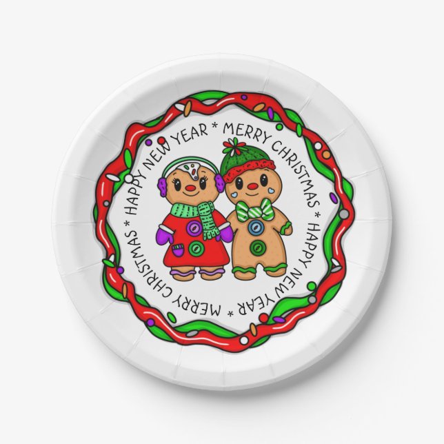 Merry Christmas | Happy New Year | Gingerbread Man Paper Plate (Front)