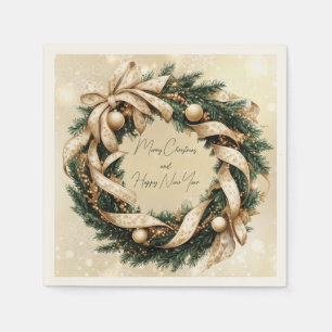 Merry Christmas Happy New Year Gold Green Wreath Napkin