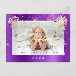 Merry Christmas Happy New Year Gold Purple Photo Postcard