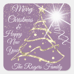 Merry Christmas & Happy New Year Gold Purple Square Sticker