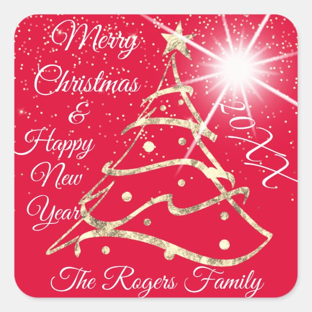 Merry Christmas & Happy New Year Gold Red Square Sticker (Front)