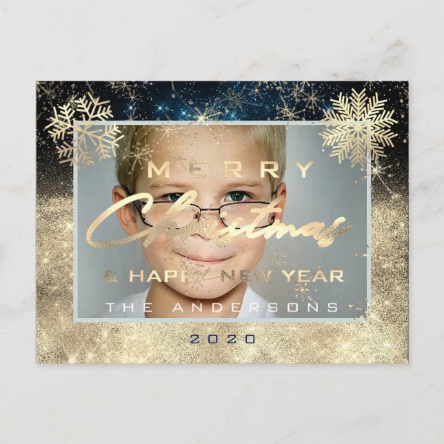 Merry Christmas Happy New Year Gold Snow Photo Tea Postcard (Front)