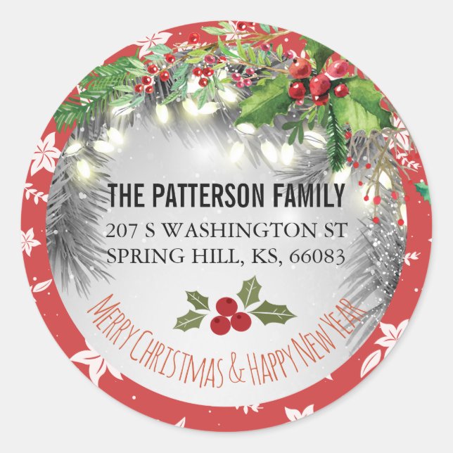 Merry Christmas & Happy New Year Greeting Address Classic Round Sticker (Front)