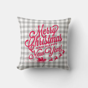 Merry Christmas Happy New Year Grey Check Pattern Throw Pillow