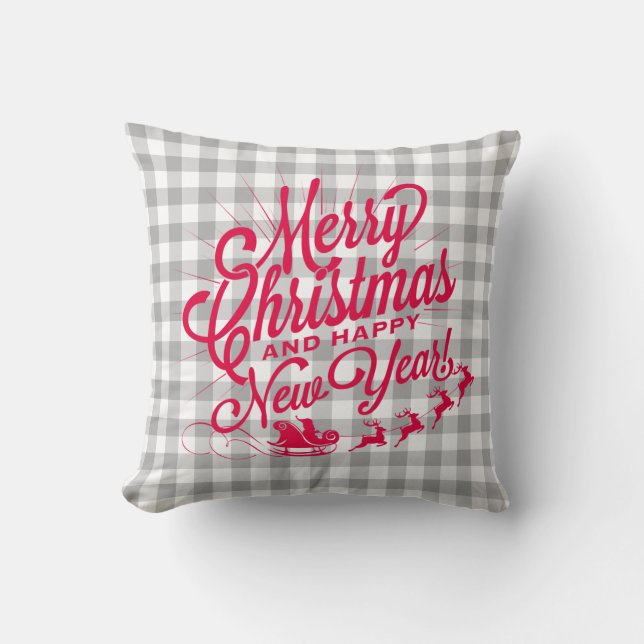Merry Christmas Happy New Year Grey Check Pattern Throw Pillow (Front)