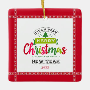 Merry Christmas Happy New Year Lettering Ceramic Ornament
