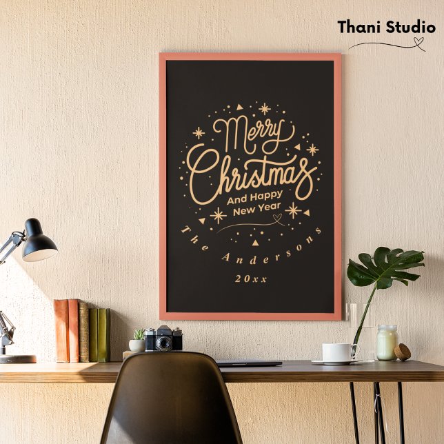 Merry Christmas Happy New Year Modern Black & Gold Photo Print (Creator Uploaded)