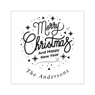 Merry Christmas Happy New Year Modern Elegant  Rubber Stamp